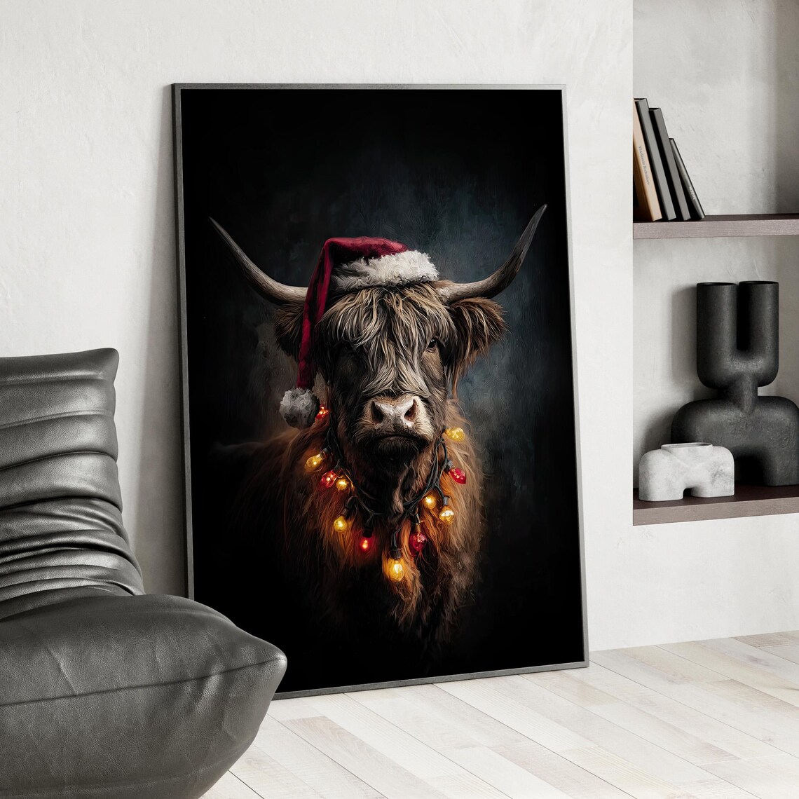 Highland Cow Wearing A Santa Hat With Christmas Lights Art Poster