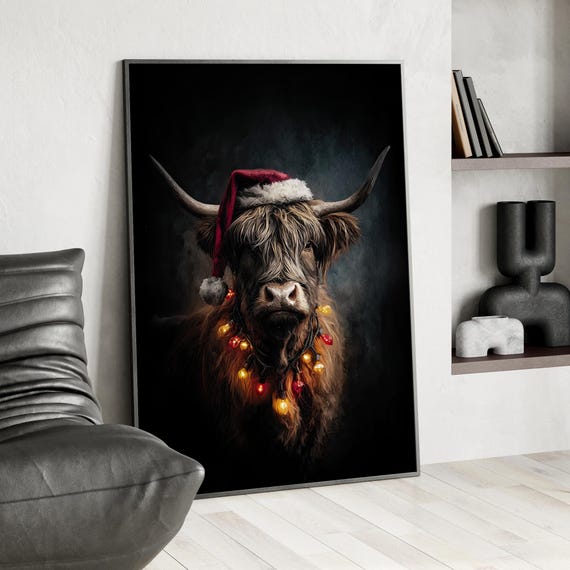 Highland Cow Dark Painting Christmas Wall Art Poster Or Canvas Print Santa Hat Rustic Holiday Decor Moody Farmhouse