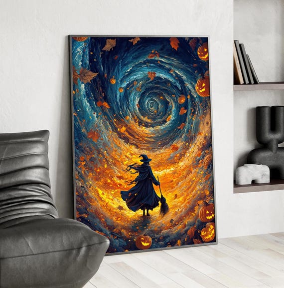 Surreal Witch In Swirling Leaves Poster Or Canvas Print Whimsical Halloween Decor Cute Autumn Fantasy Art With Pumpkins And Spiral Sky