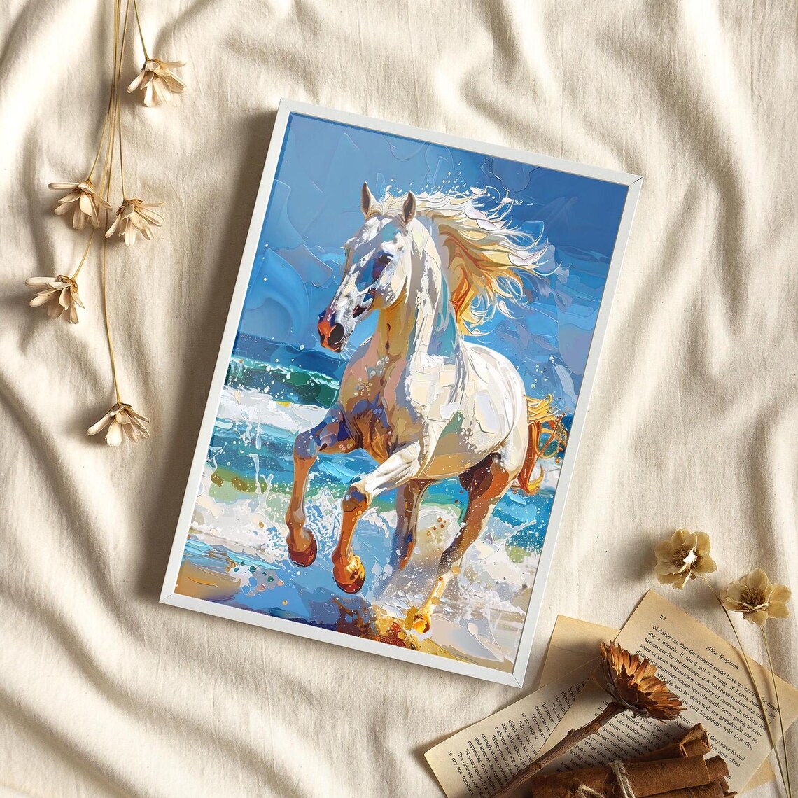 White Horse Galloping On Beach Ocean Waves Oil Painting Poster