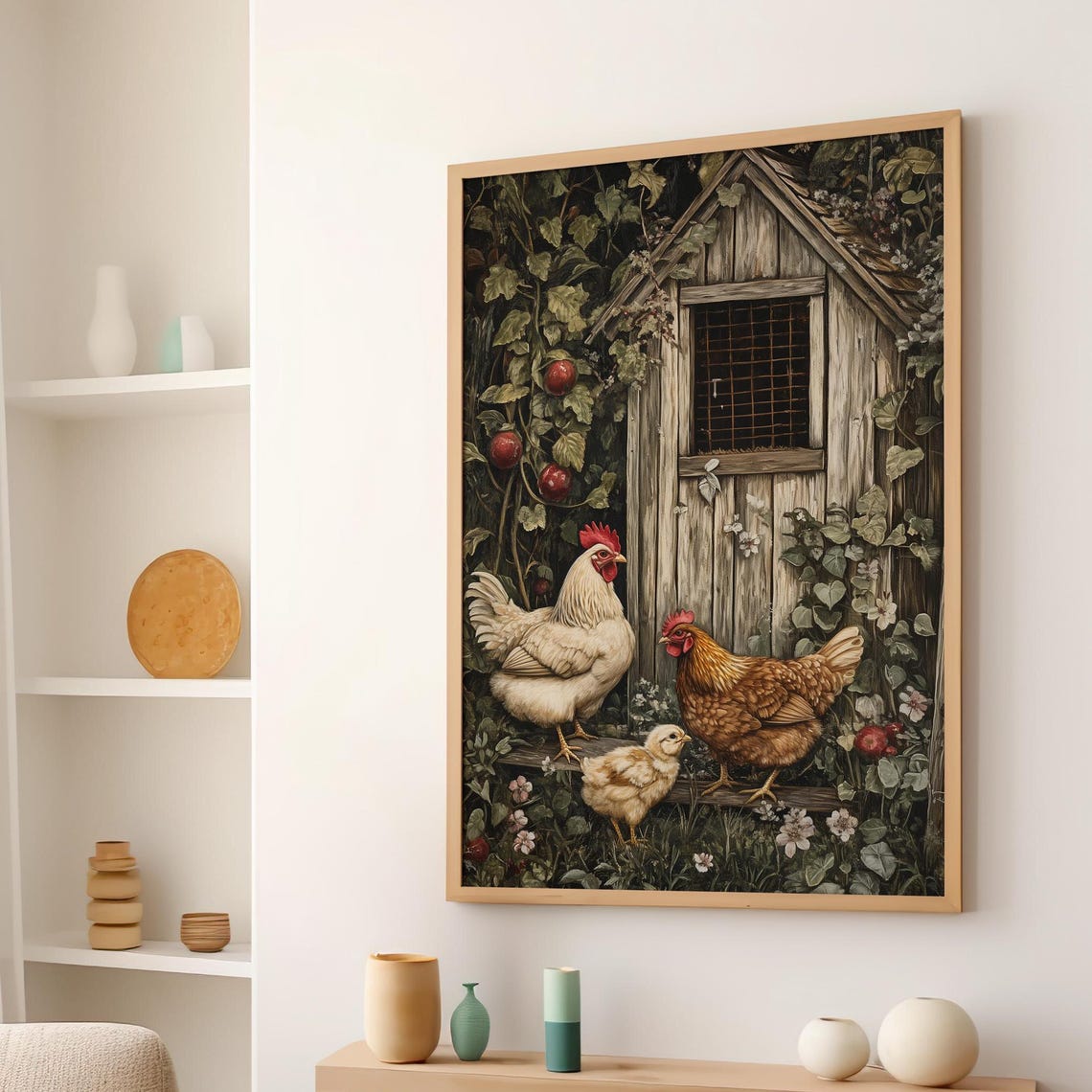 Rustic Chicken Coop With Hens and Chick Farmhouse Painting Poster
