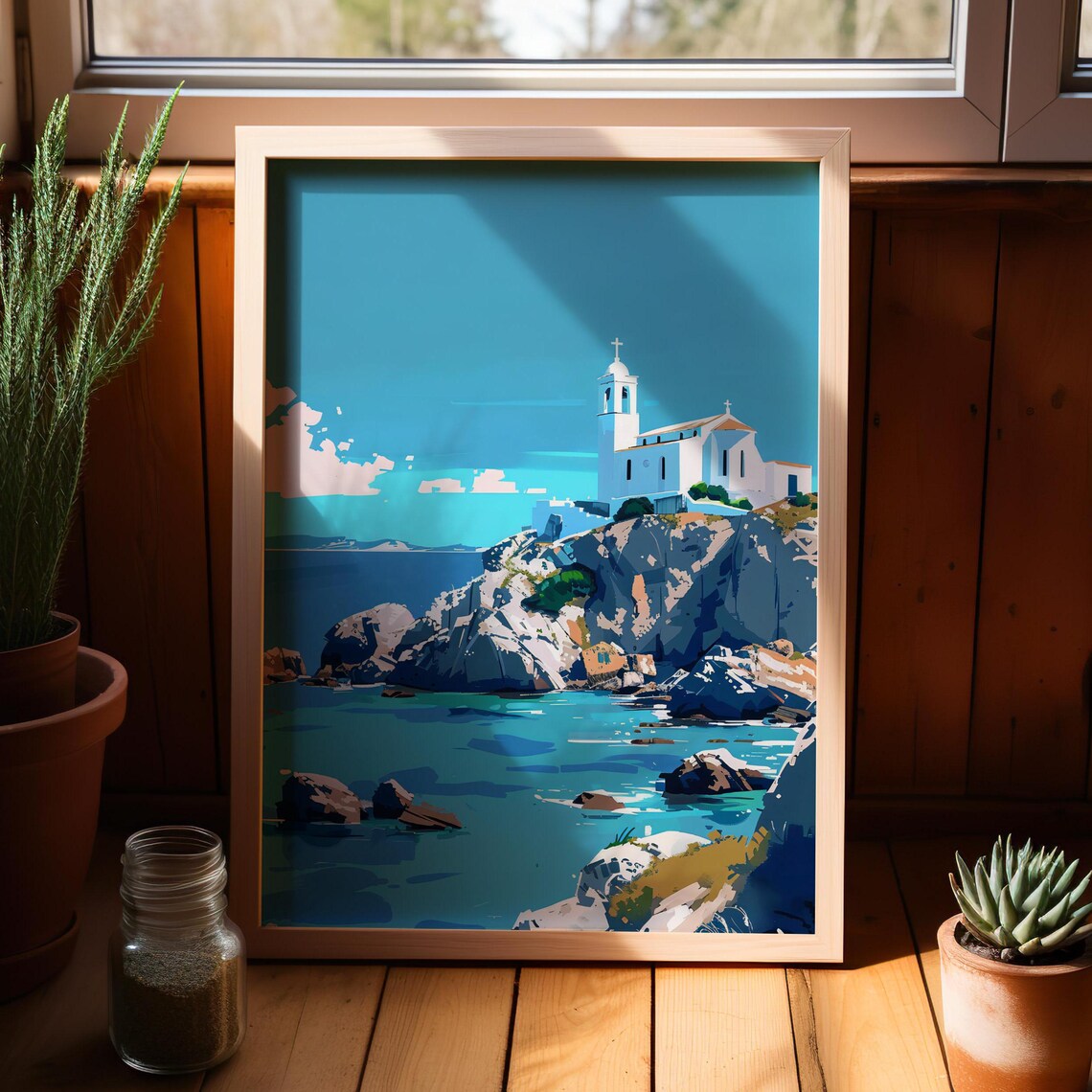 Santorini Style White Church Rocky Island Blue Vector Art Poster