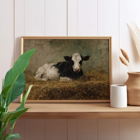 Antique Cow Painting Poster Or Canvas Print Moody Rustic Animal Art Vintage Countryside Cattle Muted Wall Farmhouse Cottage Decor