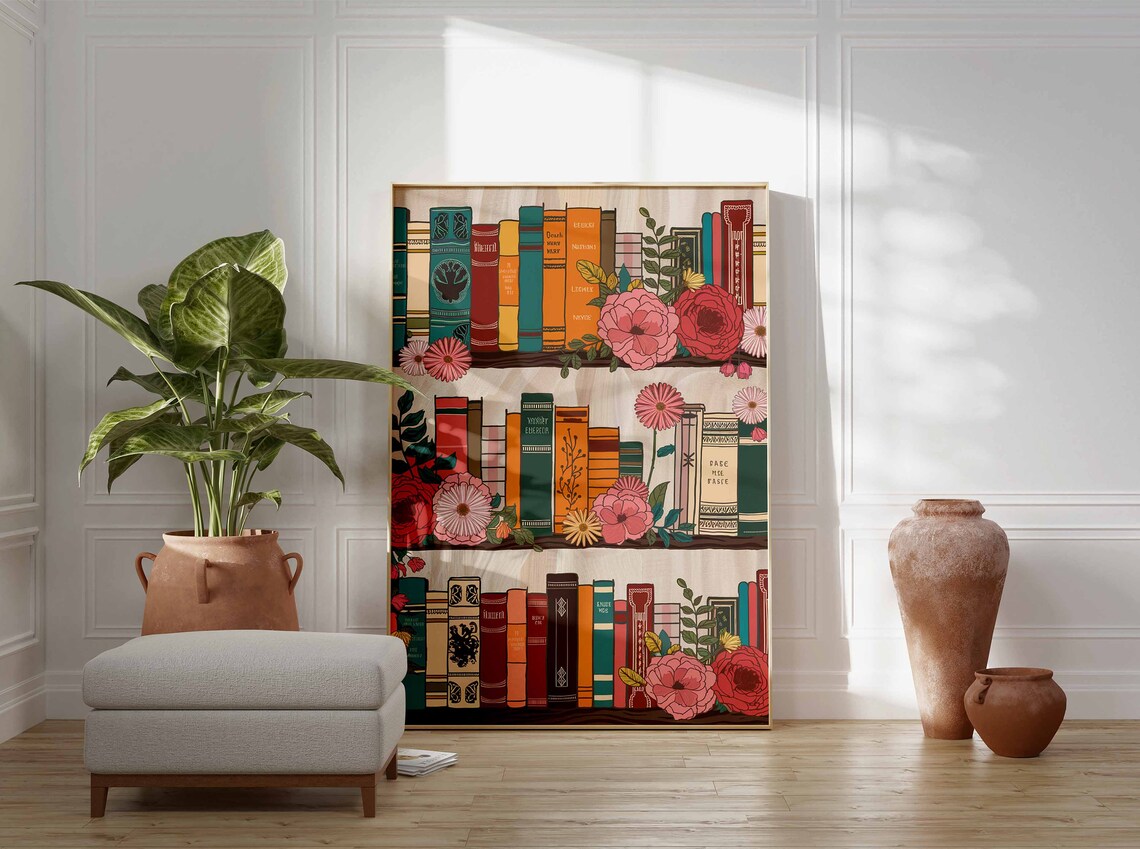Wooden Bookshelf with Red Roses Vintage Reading Room Art Poster - Image 3