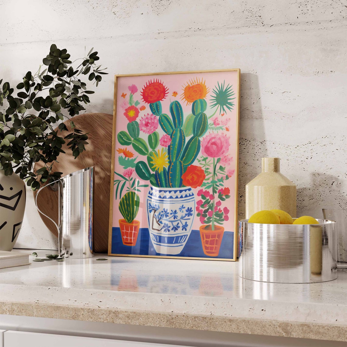 Colorful Cactus Bouquet In Blue White Porcelain Vase Folk Art Poster - Image 3
