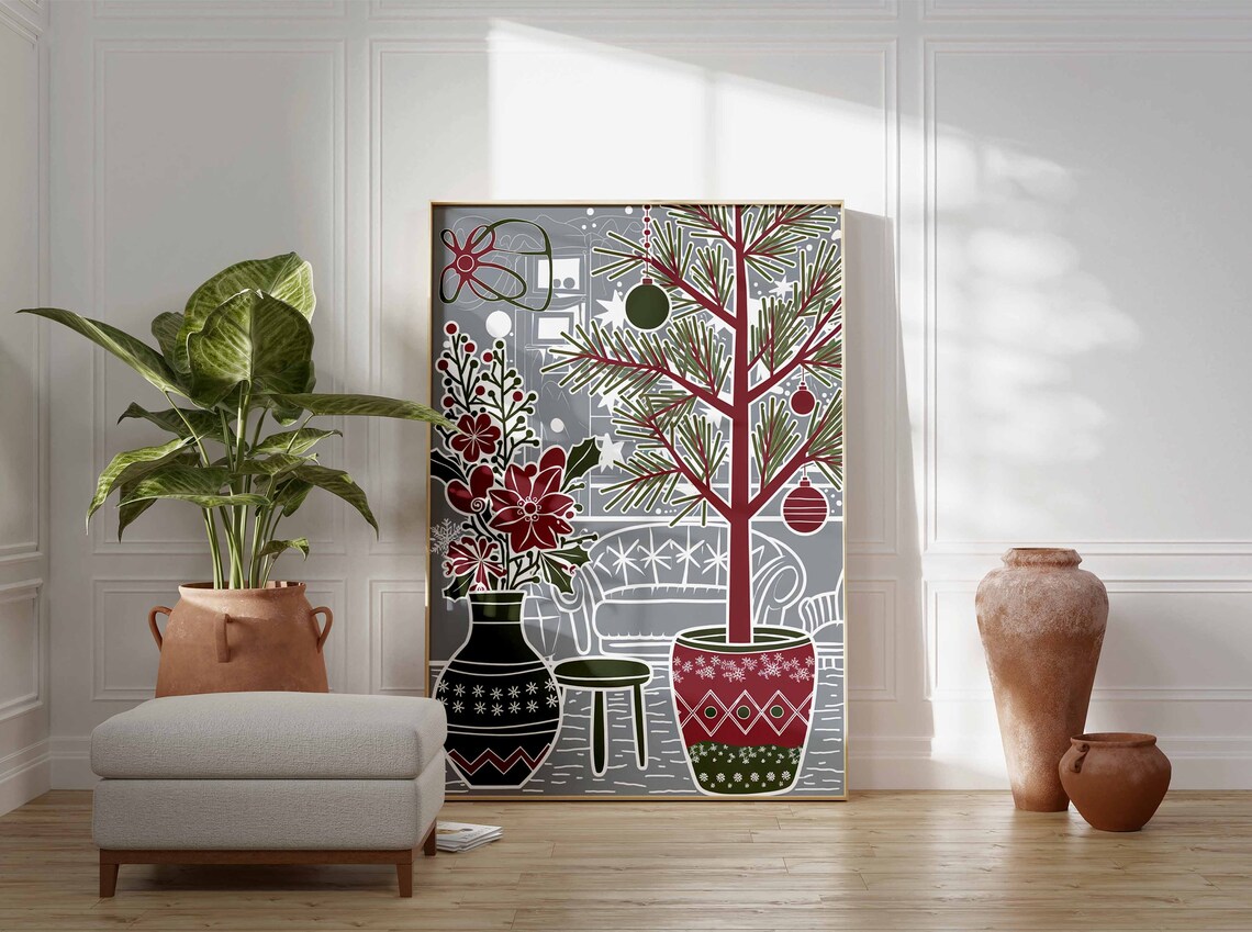 Gray Folk Christmas Tree Red Vase Scandinavian Art Style Poster - Image 3