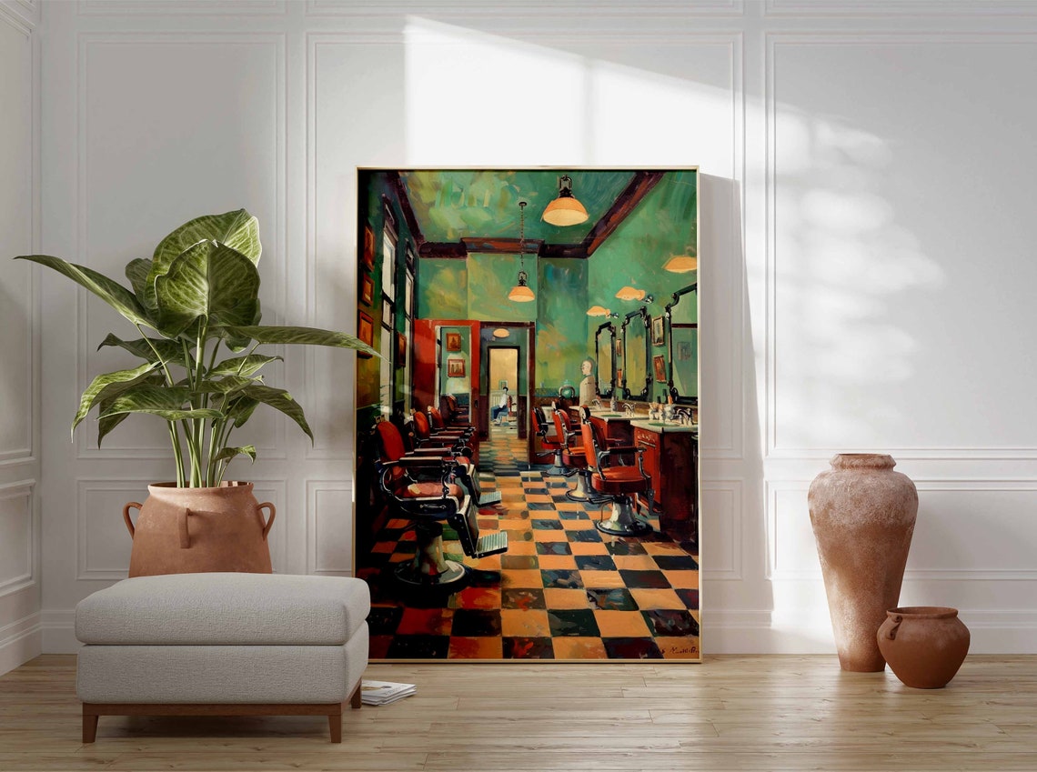 Emerald Green Barbershop Red Chairs Checkerboard Retro Salon Poster - Image 3