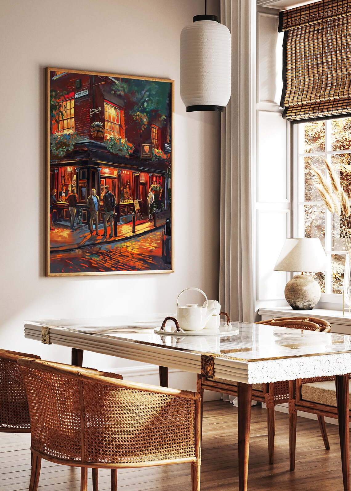 London Pub Night Scene Hanging Flower Baskets Warm Glow Poster - Image 2