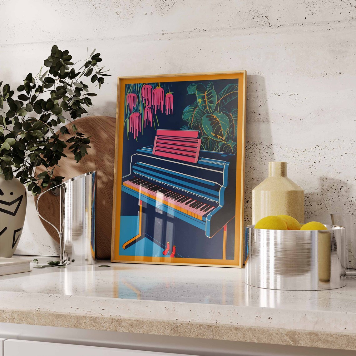Blue Upright Piano With Pink Blossoms Neon Pop Music Style Poster - Image 3