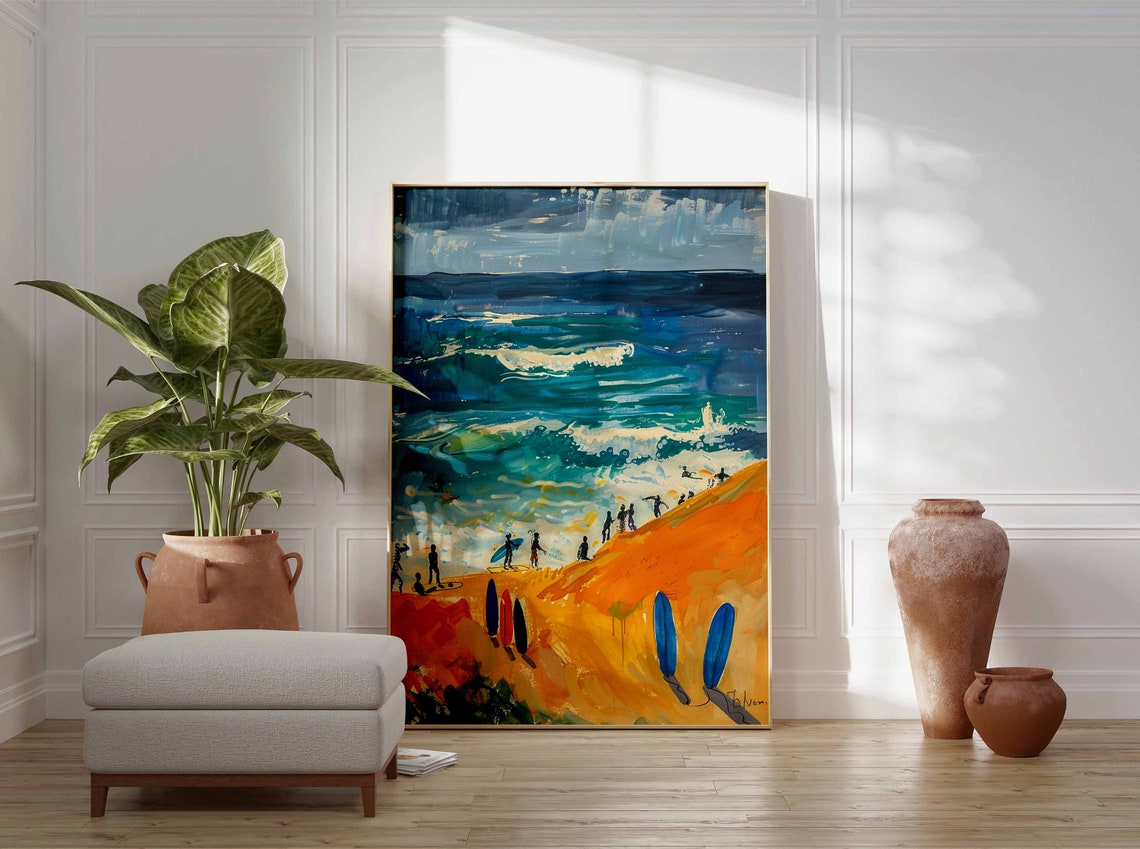 Surfers Golden Cliff Beach Waves Boards Coastal Scene Wall Art - Image 3