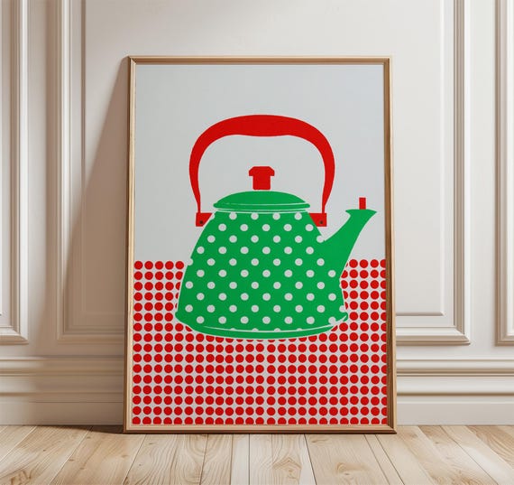 Polka Dot Kettle Poster Retro Kitchen Wall Art Bold Modern Teapot Print Red And Green Pop Decor