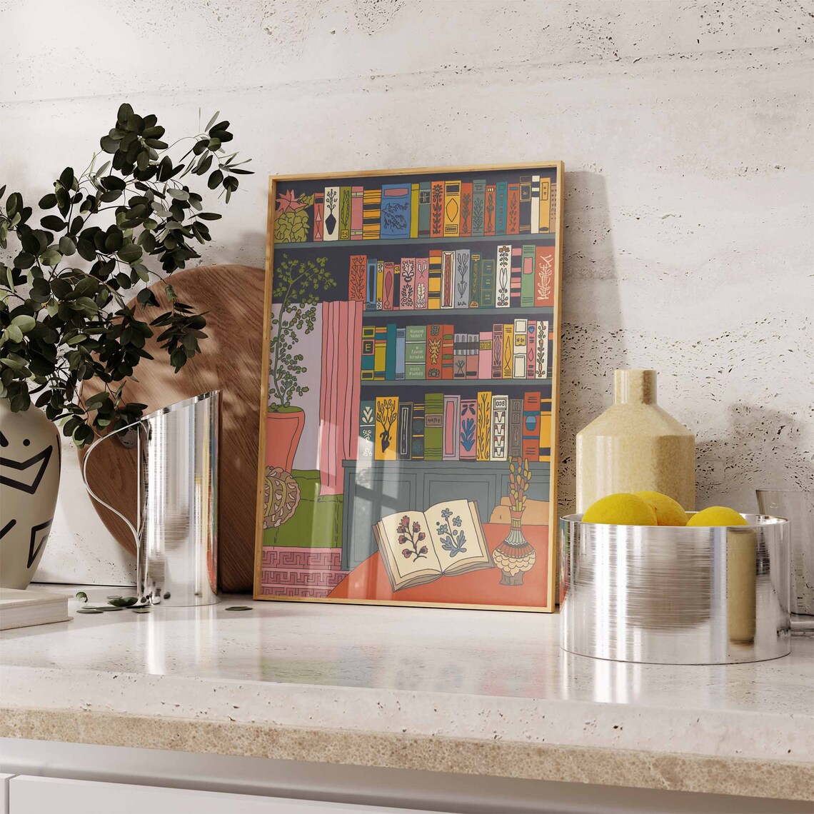 Vintage Library Poster with Illustrated Bookshelf and Open Book Art - Image 3