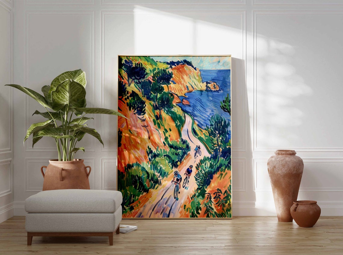 Cyclists on Bold Cliffside Road Above Blue Sea Expressionist Poster - Image 3