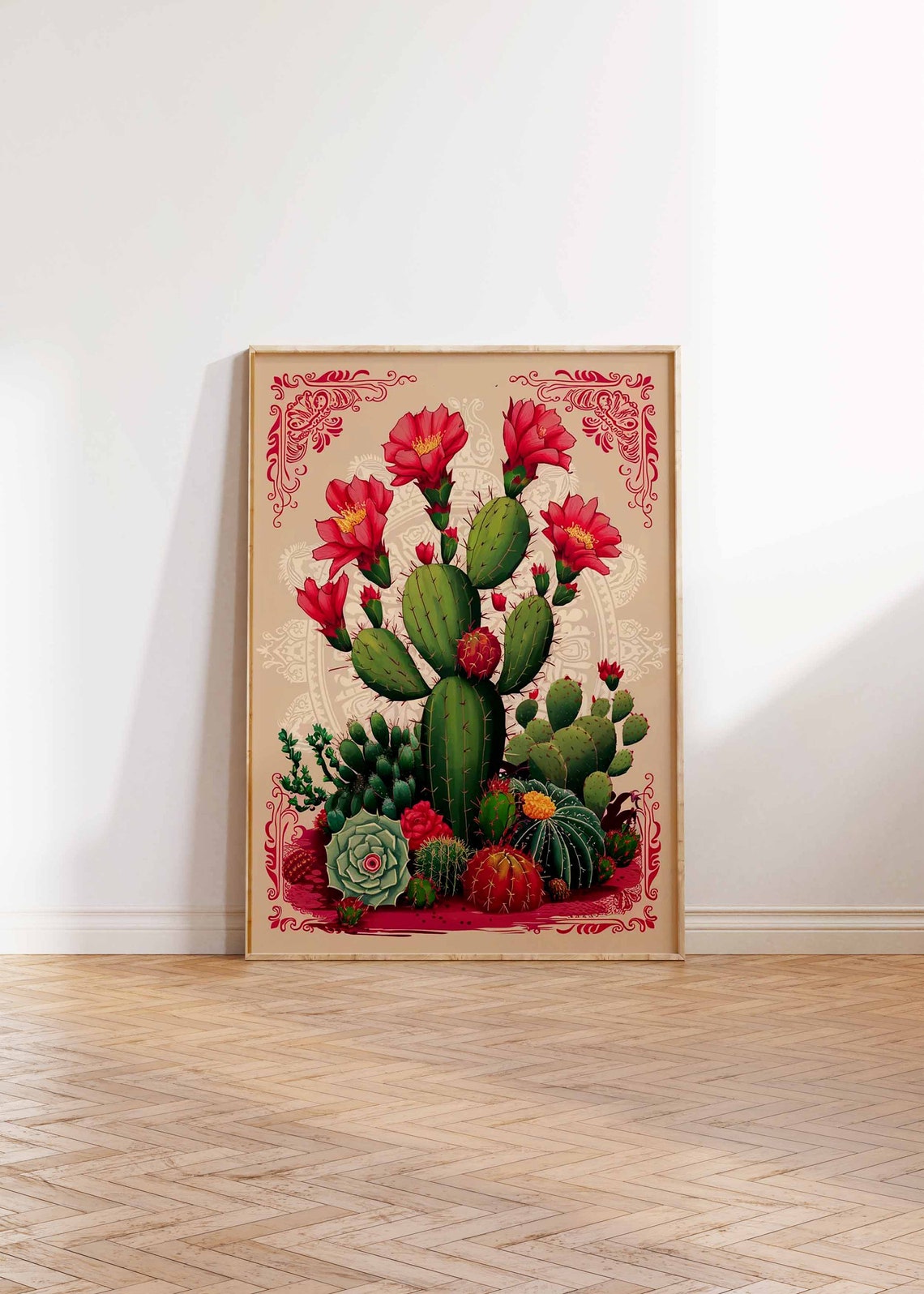 Red Blooming Prickly Pear Cactus Botanical Vintage Art Poster - Image 3
