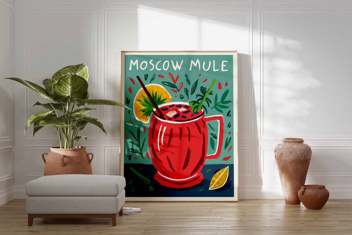 Moscow Mule Red Copper Mug Teal Botanical Cocktail Bar Poster - Image 3