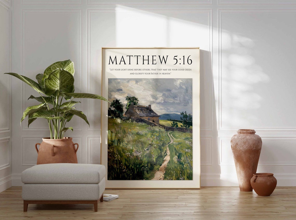 Matthew 5:16 Bible Verse Cottage Meadow Path Light Art Print - Image 2