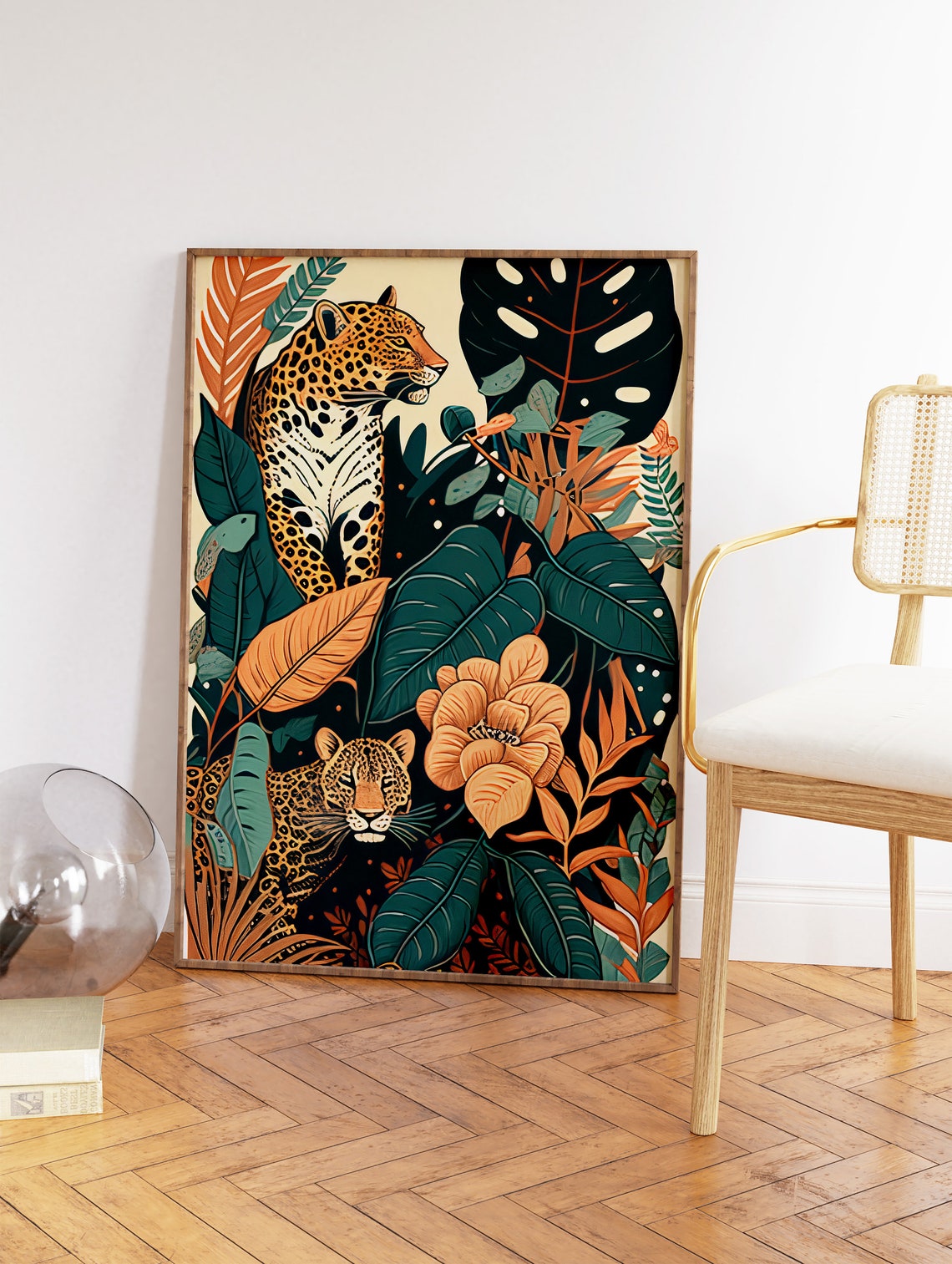 Two Leopards Dark Jungle Floral Tropical Big Cat Botanical Art Poster - Image 2
