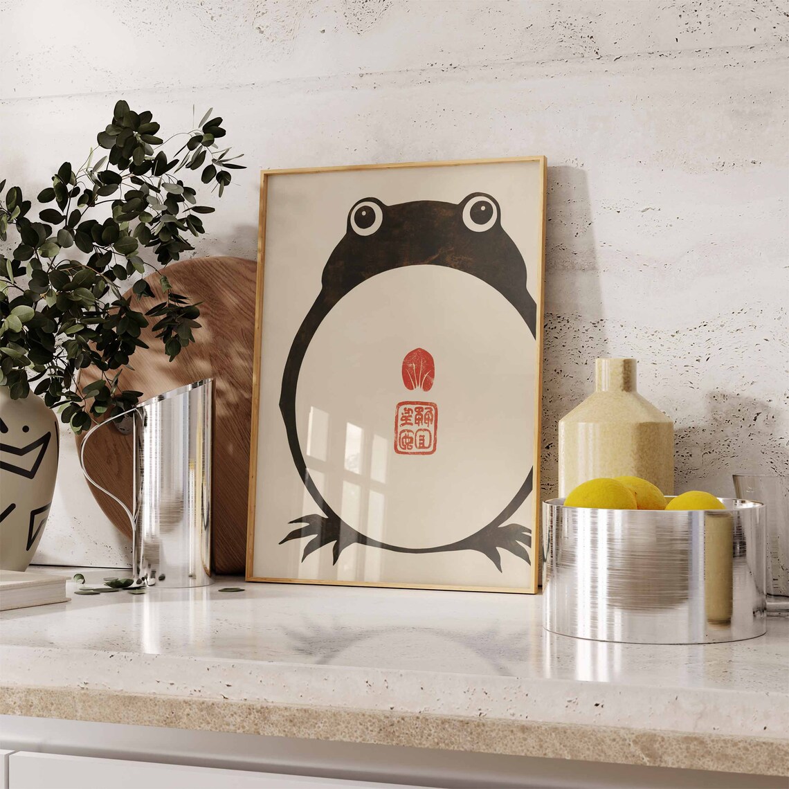 Japanese Round Frog Minimalist Woodblock Animal Illustration Poster - Image 3