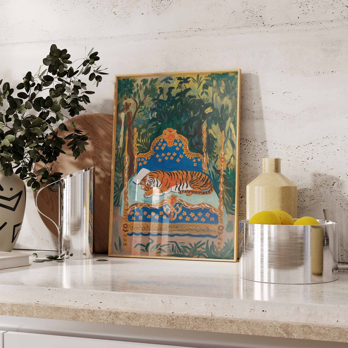 Sleeping Tiger on Blue Ornate Bed Lush Jungle Night Art Poster - Image 2