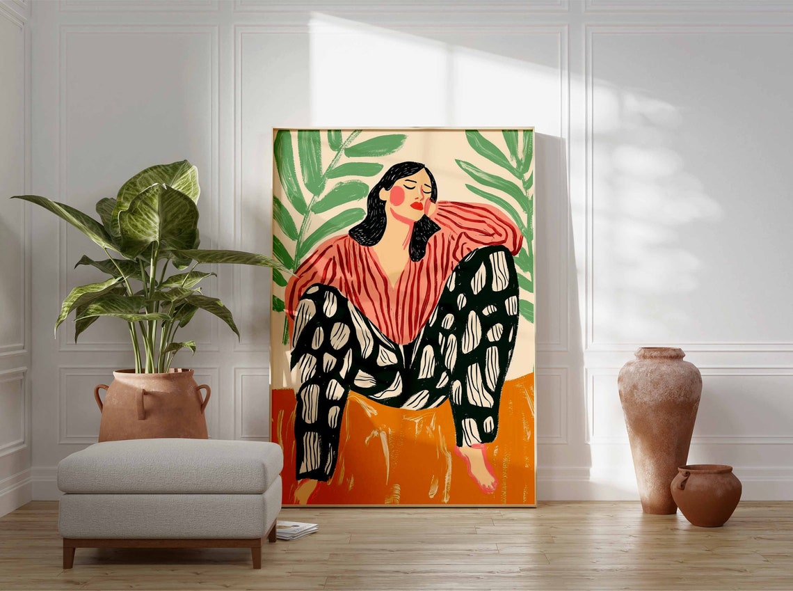 Reclining Woman in Coral Striped Blouse Colorful Botanical Poster - Image 2
