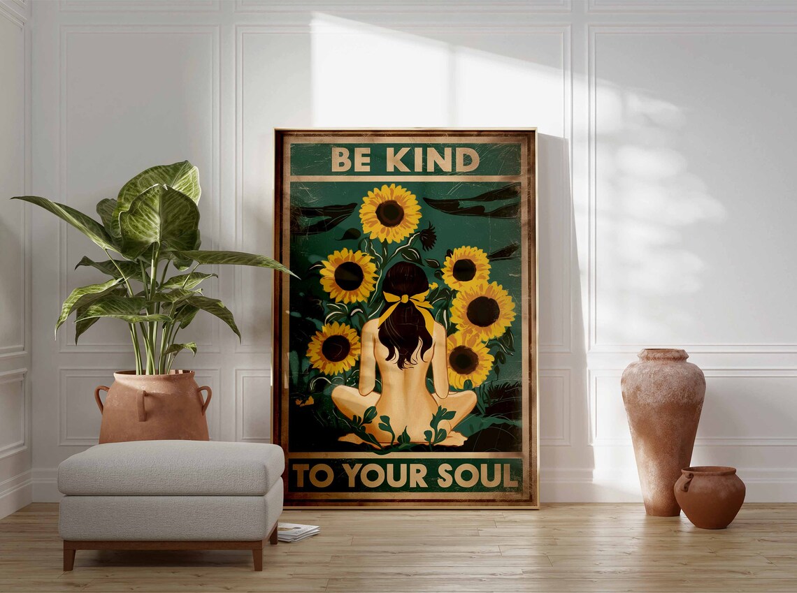 Be Kind To Your Soul Sunflower Meditation Vintage Boho Poster - Image 3