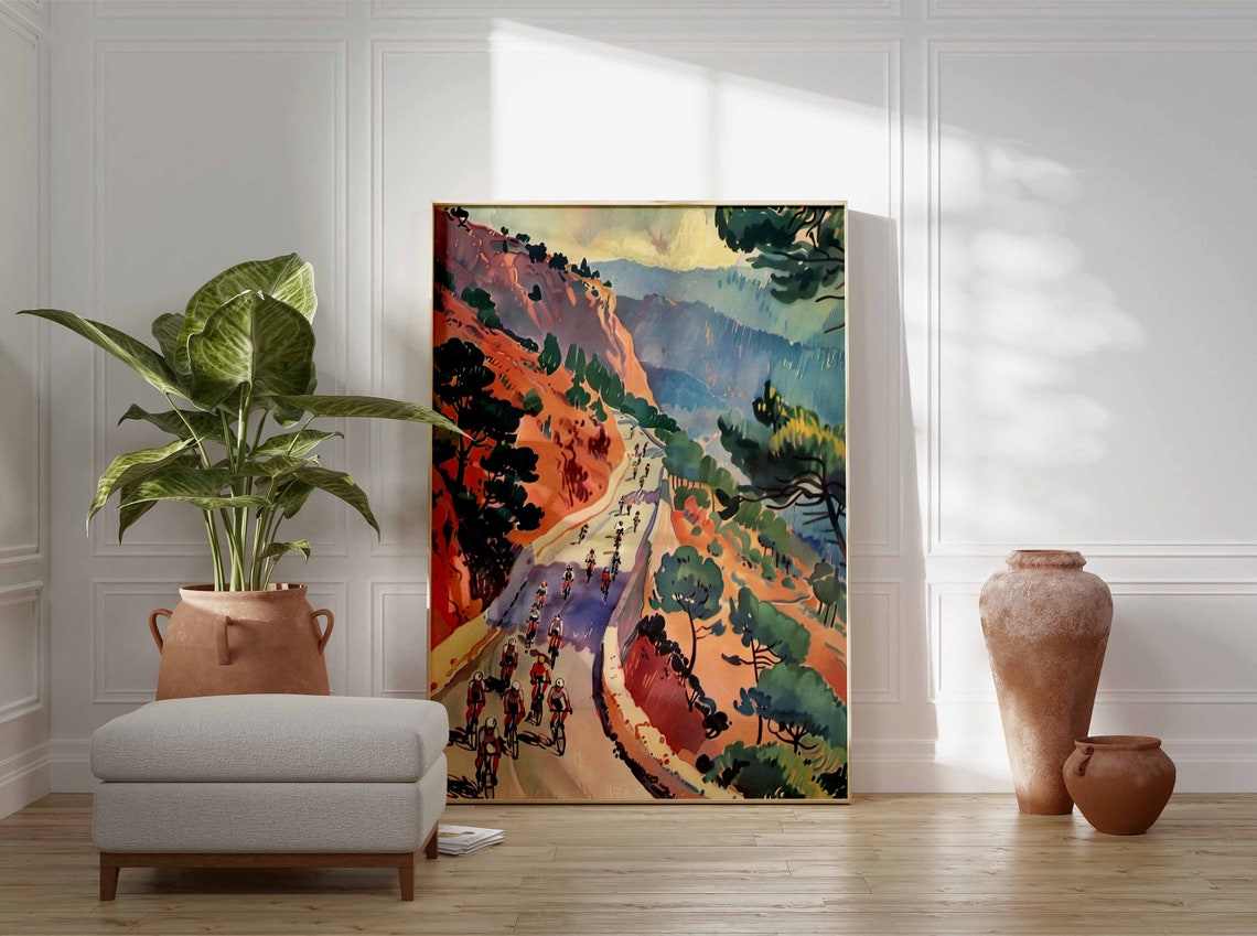 Cycling Peloton Climbing Pine Lined Orange Cliff Road Art Poster - Image 3