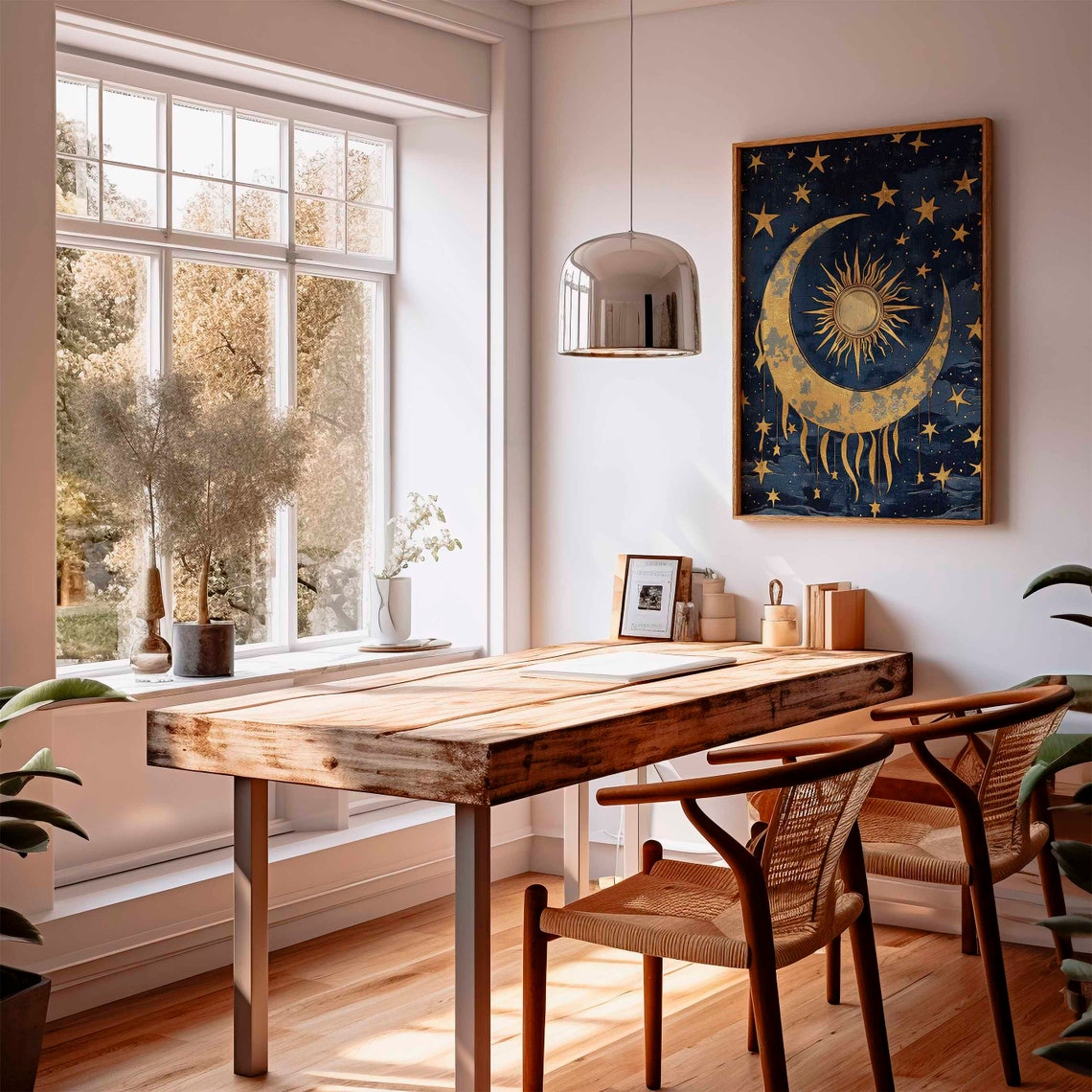 Textured Gold Crescent Moon Around Radiant Sun Midnight Poster - Image 2