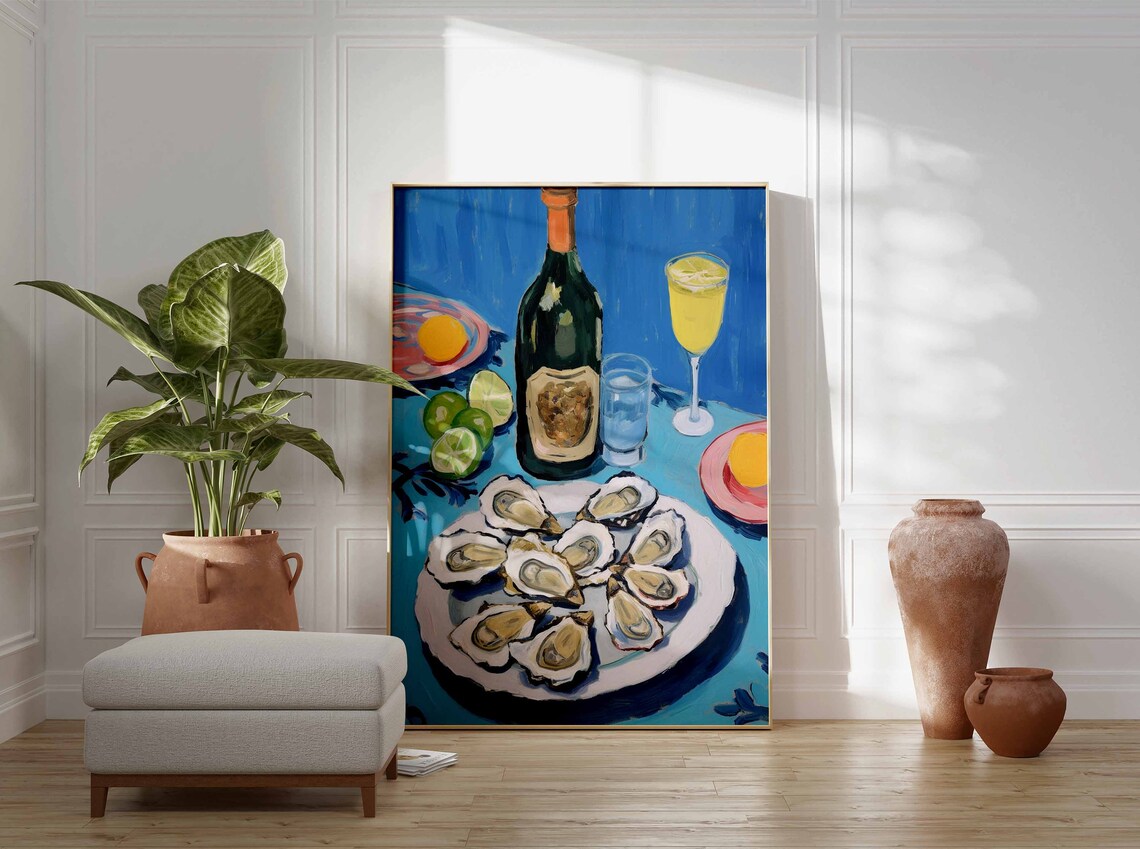 Oyster And Wine Feast Painterly Blue Table Still Life Food Poster - Image 2