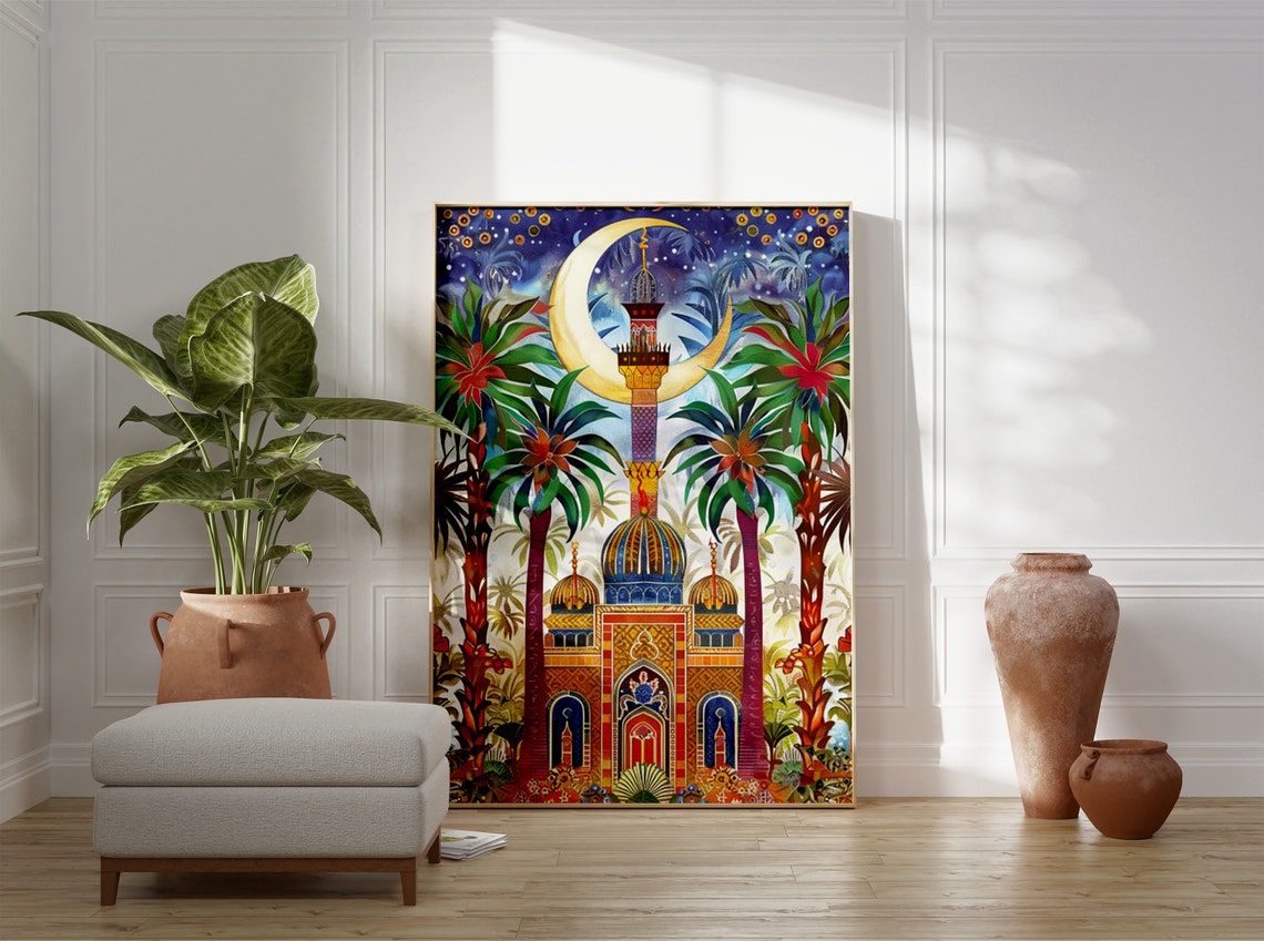 Islamic Mosque Minaret Crescent Moon Night Art Print Festive Decor - Image 3