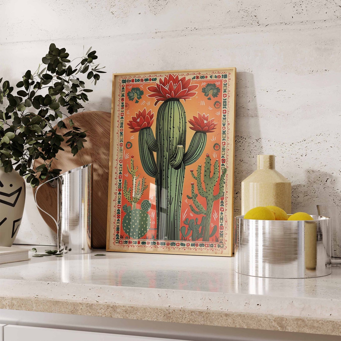 Mexican Folk Art Blooming Cactus Orange Sunset Desert Plant Poster - Image 2