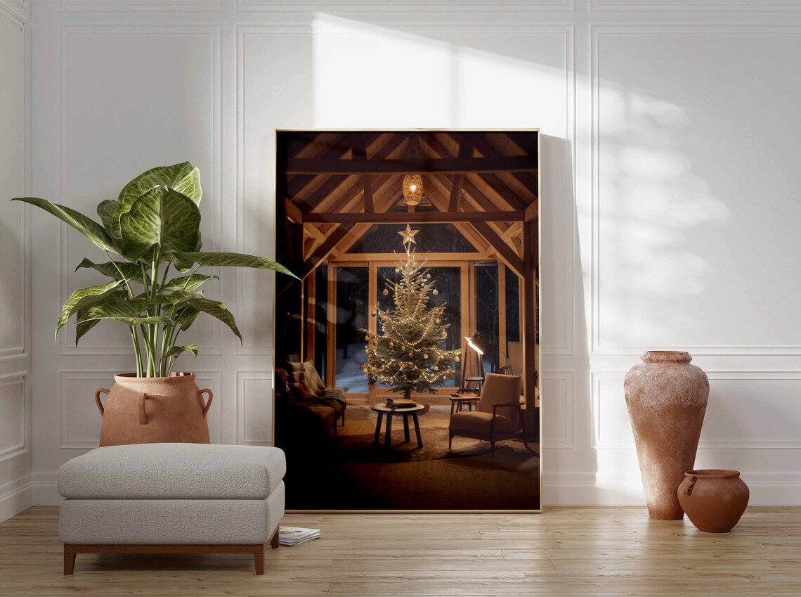 Cozy Cabin Christmas Tree Night Vintage Farmhouse Photo Poster - Image 3