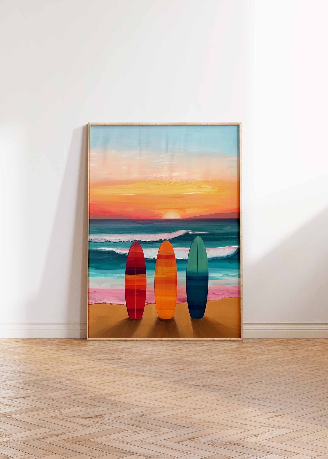 Three Surfboards Sunset Beach Ocean Waves Colorful Surf Poster - Image 2