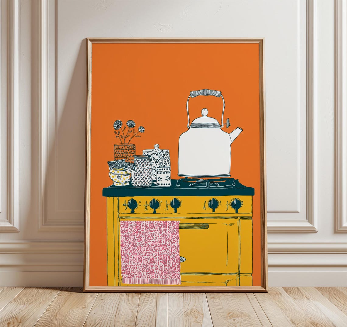 Retro Yellow Stove White Kettle Orange Background Kitchen Poster