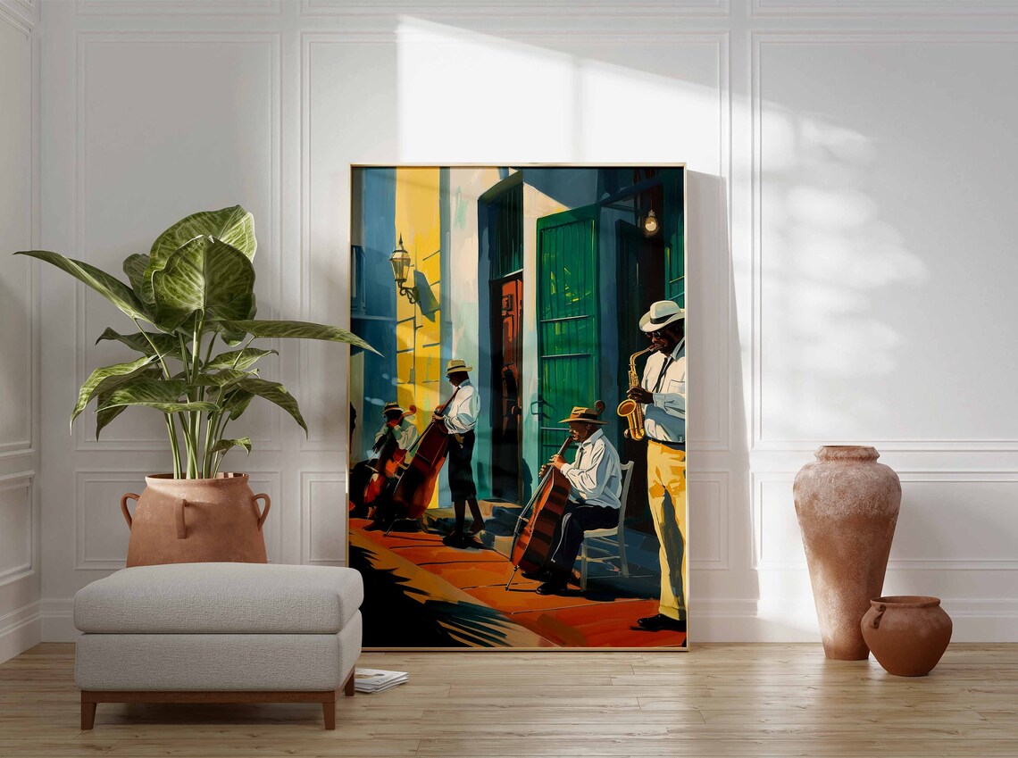Street Jazz Musicians Playing Sax Cello in Old Town Art Poster - Image 3