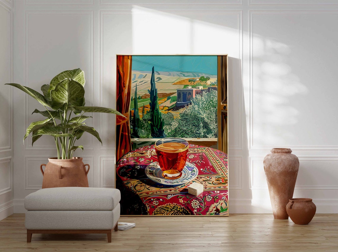 Colorful Middle Eastern Tea Glass Hillside Window View Wall Art - Image 2