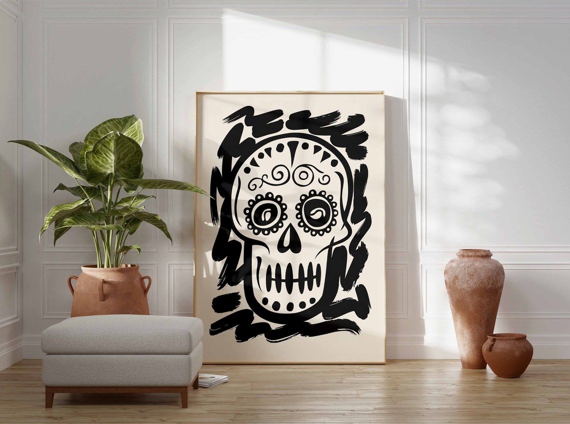 Black Sugar Skull Bold Brushstroke Dia De Los Muertos Poster - Image 2