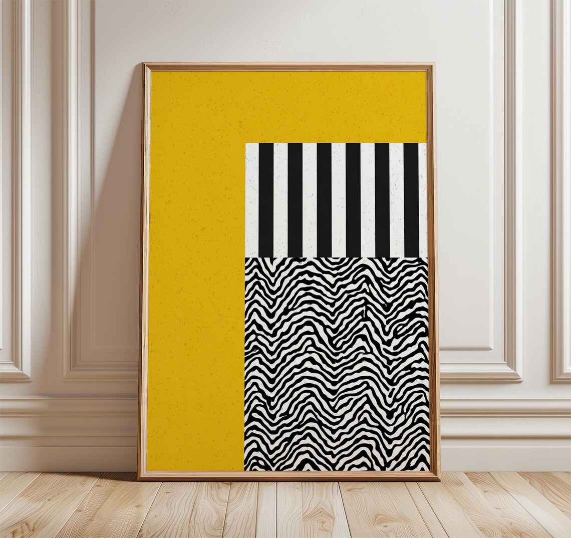 Modern Geometric Poster Abstract Minimalist Wall Art Print Bold Black And White Zebra Pattern Yellow Contemporary Home Decor