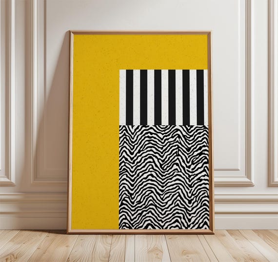 Modern Geometric Poster Abstract Minimalist Wall Art Print Bold Black And White Zebra Pattern Yellow Contemporary Home Decor