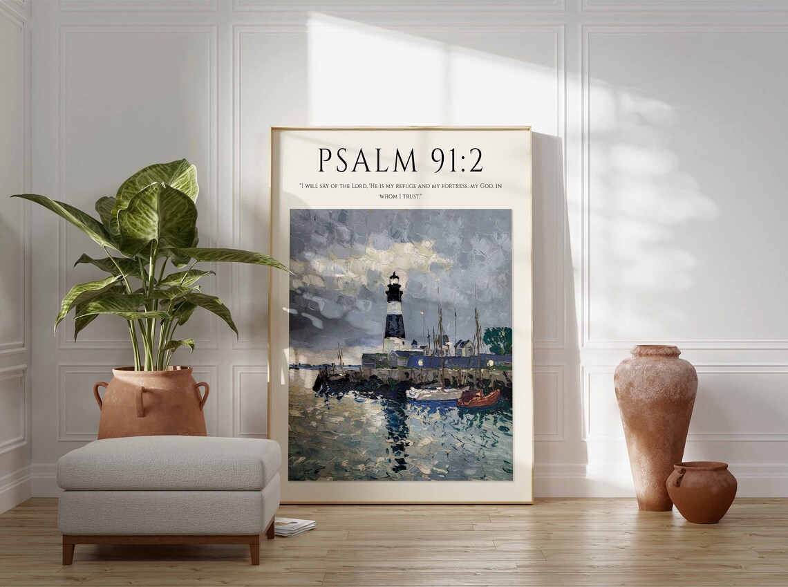 Psalm 91:2 Bible Verse Harbor Lighthouse Boats Monet Style Christian Art Poster - Image 2