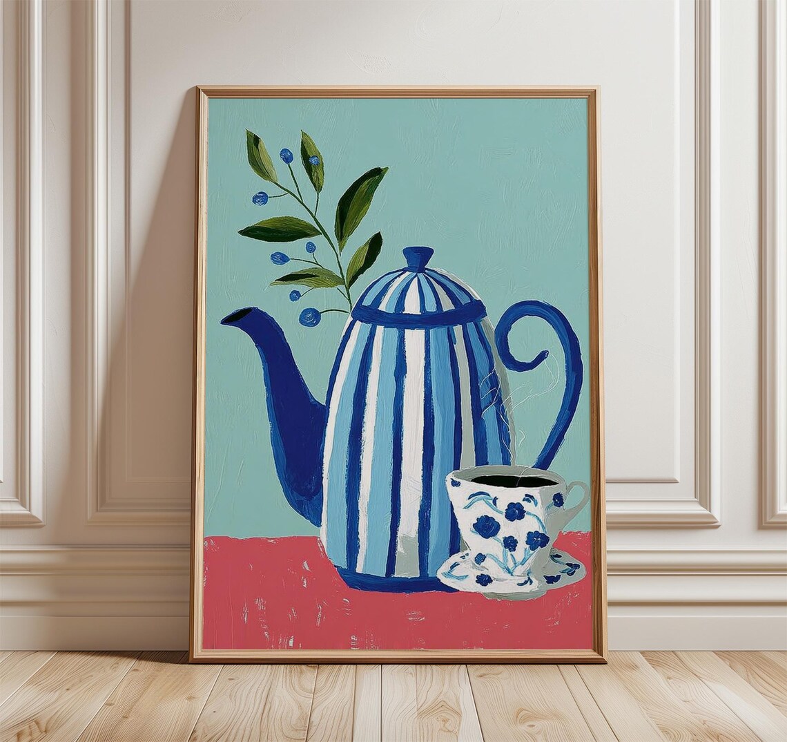 Blue Teapot And Cup Art Print, Elegant Kitchen Decor