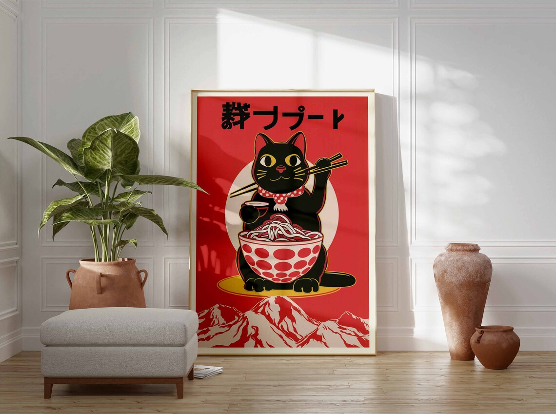Maneki Black Cat Noodle Bowl Chopsticks Retro Japanese Poster - Image 3