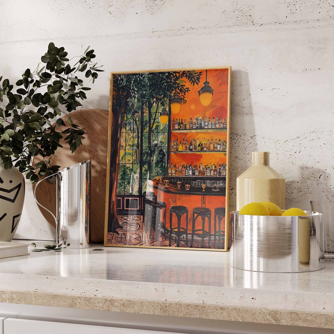 Tropical Jungle Bar Interior Amber Bottles on Orange Shelves Scene Art Poster - Image 2