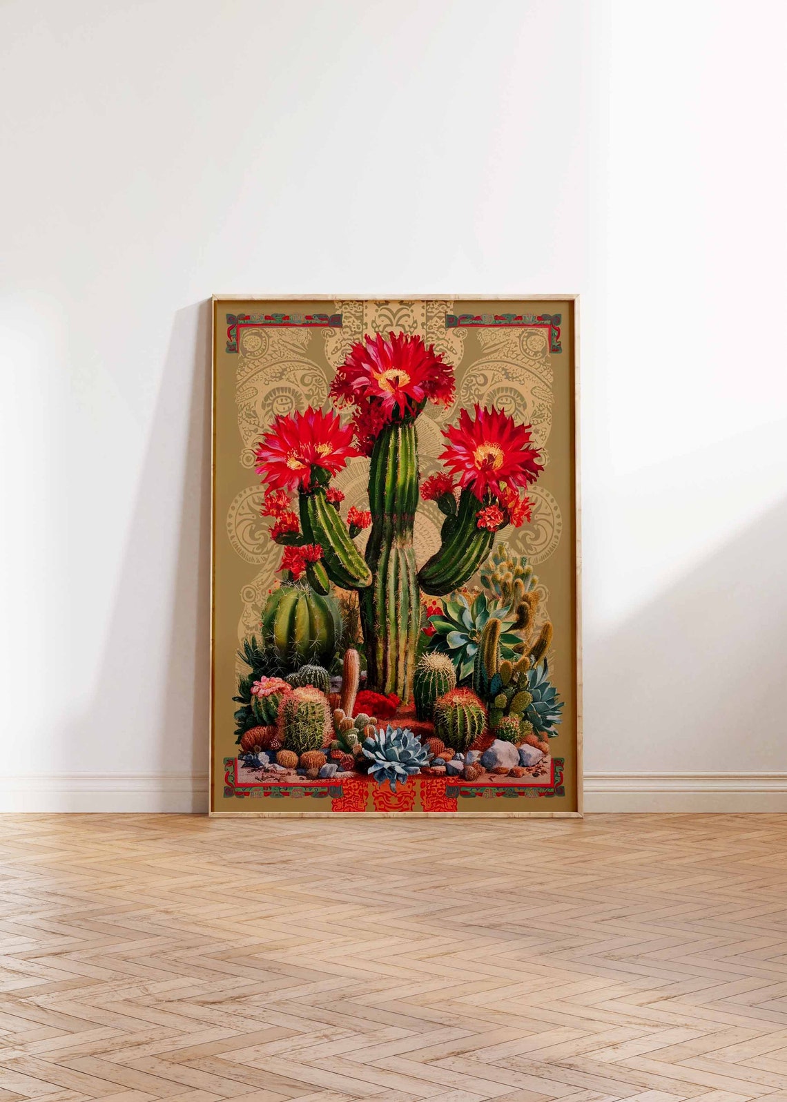 Red Flowering Cactus Over Gold Pattern Botanical Art Poster Gift - Image 3