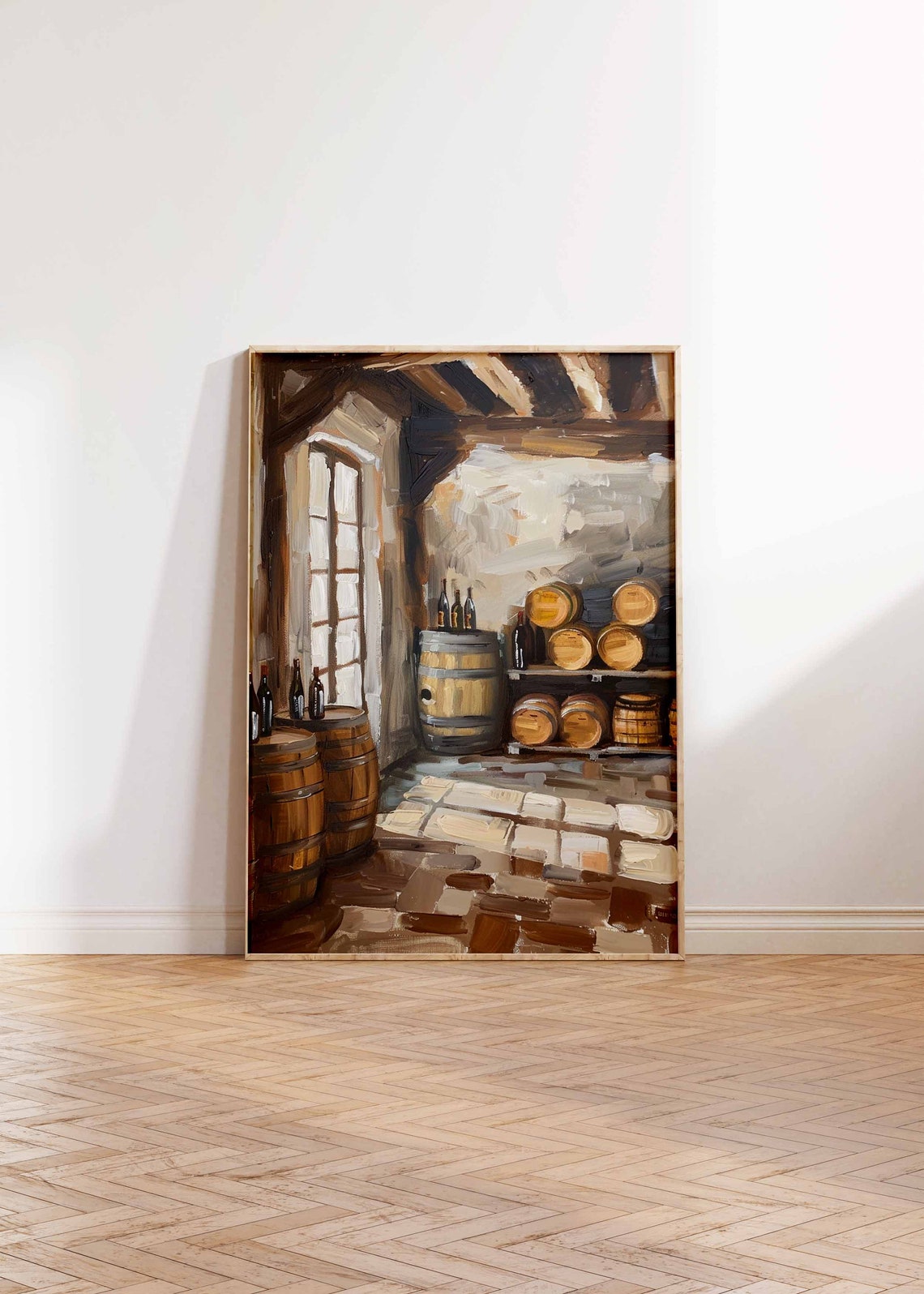 Wine Cellar Bottles and Barrels Art Poster Rustic Stone Wall Scene - Image 2