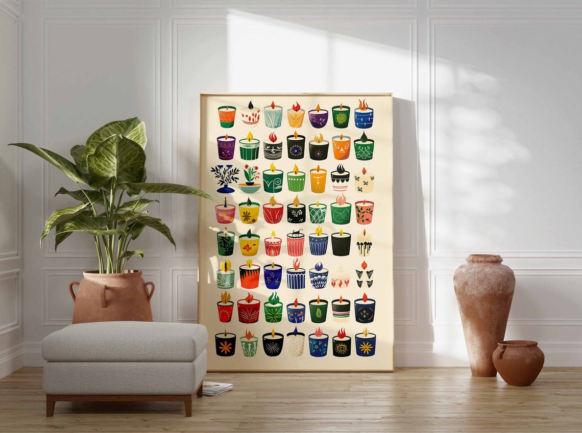 Folk Art Candle Cups Illustrated Collection Home Poster Cozy Decor - Image 2