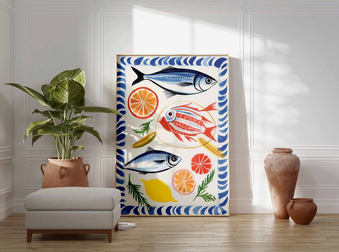 Mediterranean Fish Citrus Seafood Illustration Kitchen Poster - Image 3