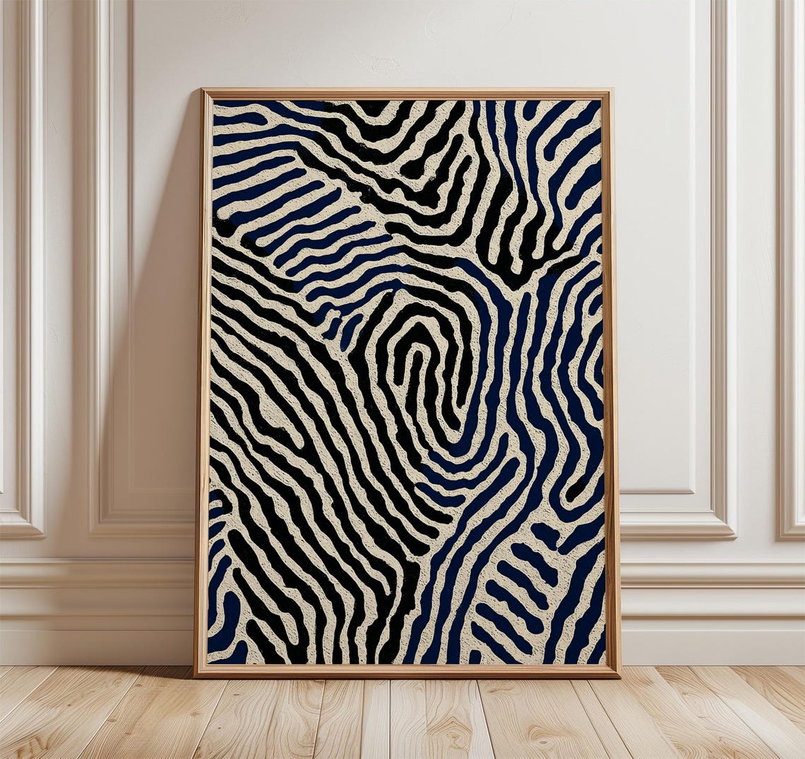 Navy Blue Black Abstract Contour Line Waves Modern Art Poster