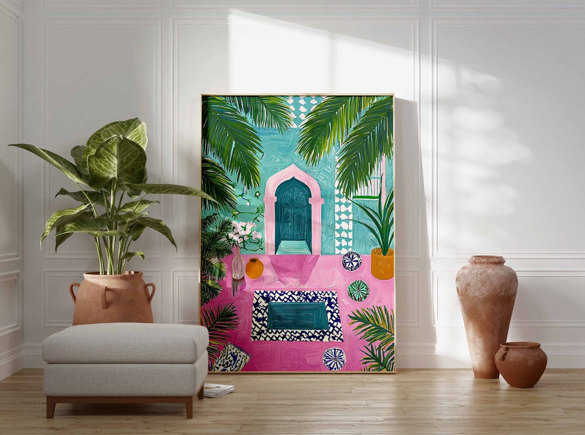 Tropical Pink Courtyard Palm Moroccan Door Tile Mosaic Art Poster - Image 2