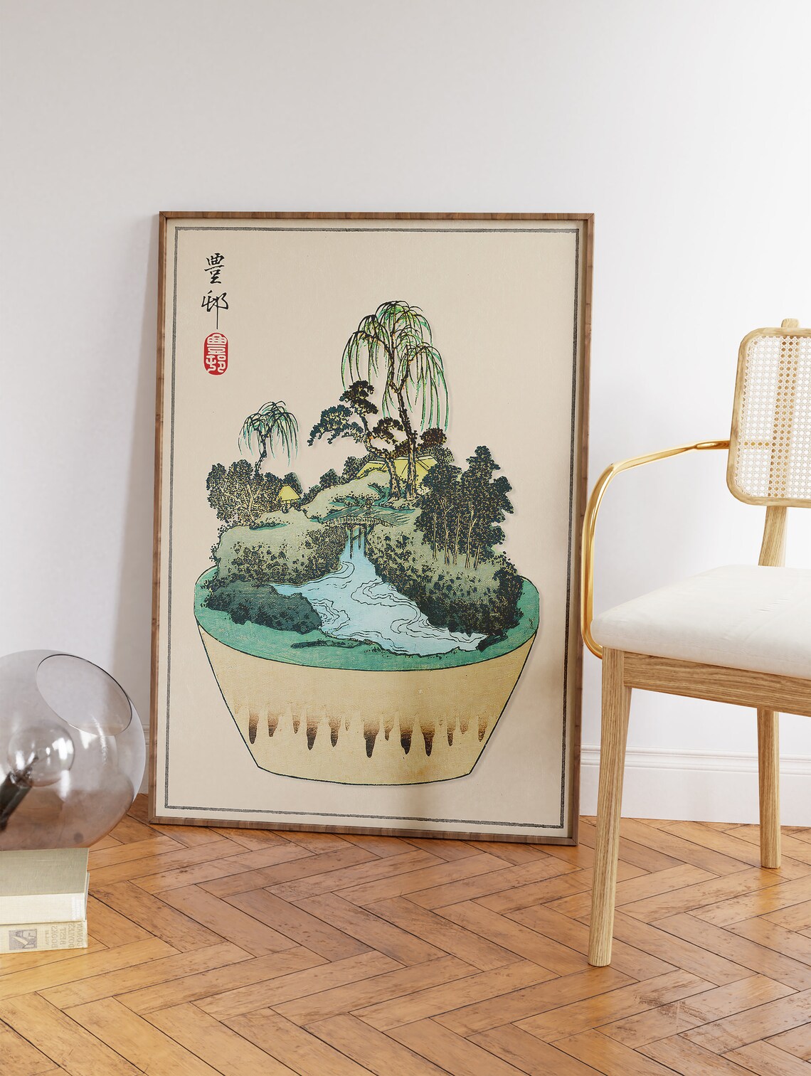 Japanese Bonsai Pot Landscape Willow Woodblock Style Art Poster - Image 3
