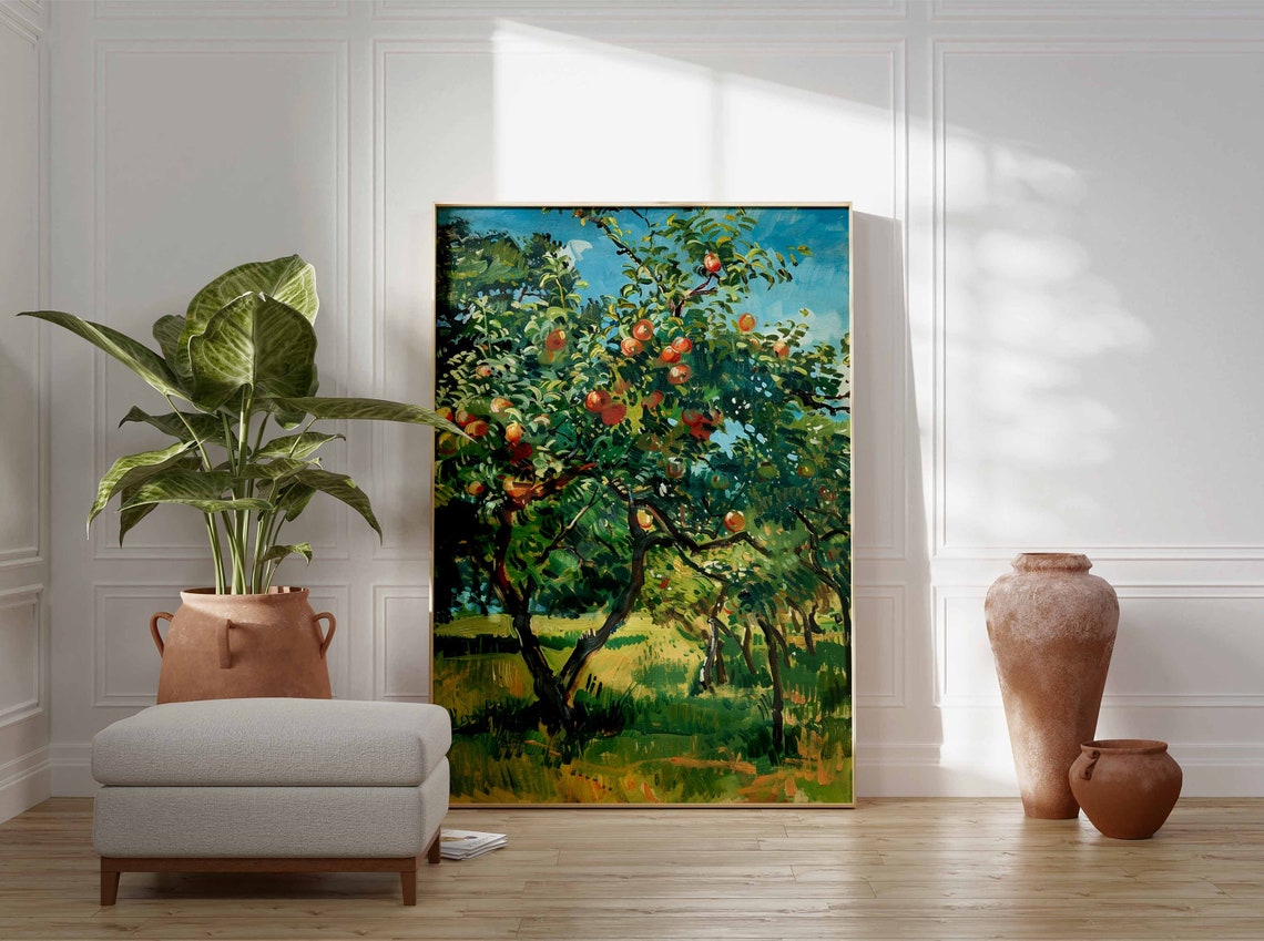 Twisted Old Apple Tree in Bright Sunny Meadow Impressionist Poster - Image 3